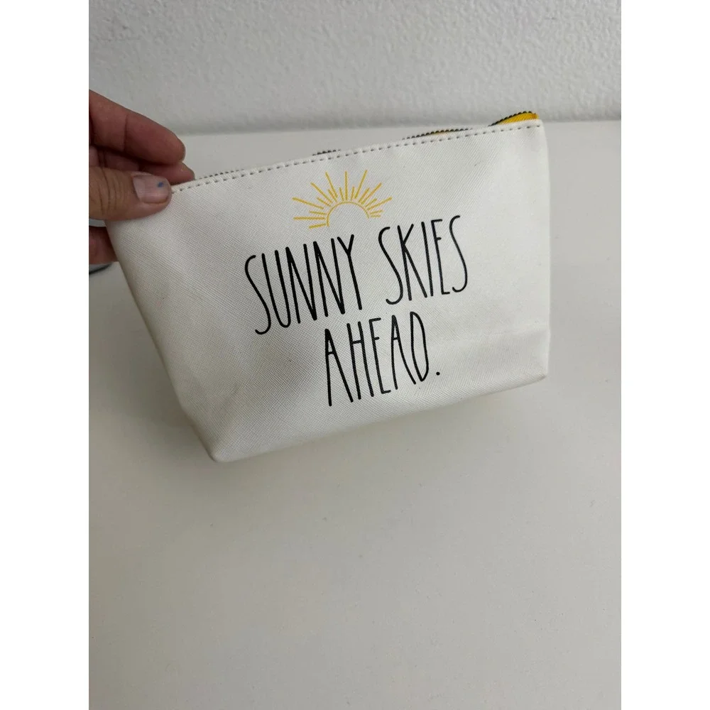 Rae Dunn Sunny Skies Ahead Makeup Bag White Yellow Zipper Pouch Cosmetic Travel